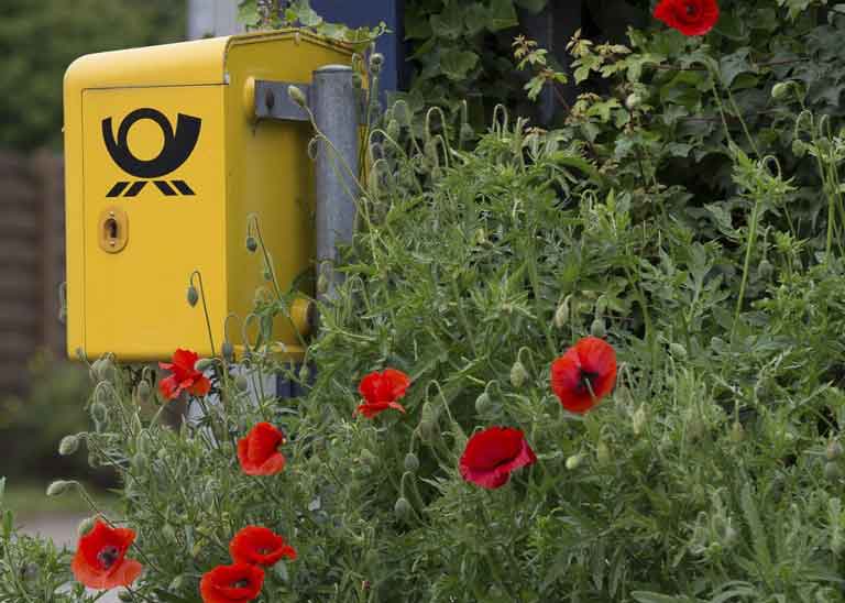 gelber Postbriefkasten und rote Mohnblüten